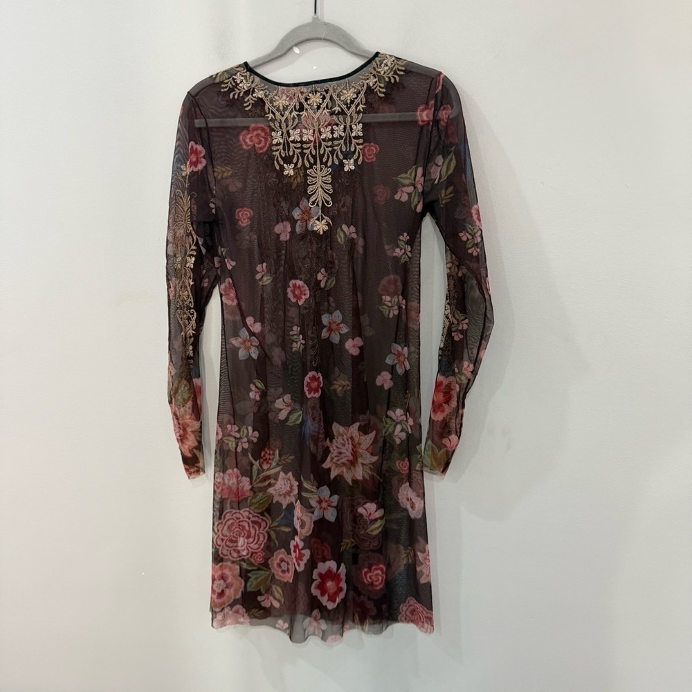 Johnny Was Dress Mesh Mini Long Sleeve in Brown Embroidered - Picture 4 of 4